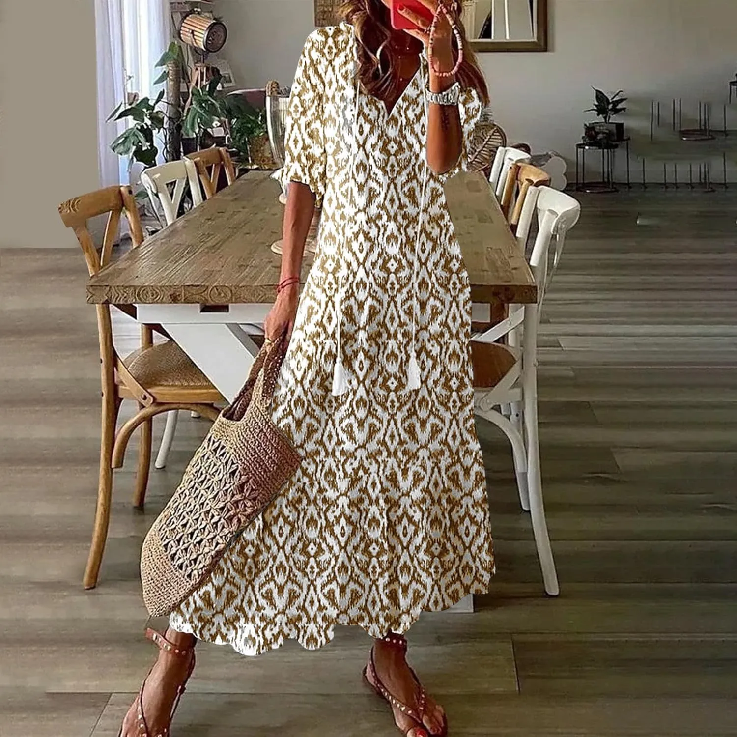 Women's Fashion Boho Summer Long Dress, 2025 Short Sleeve V Neck Tassel Flowy Casual Dresses Beach A-Line Sundress