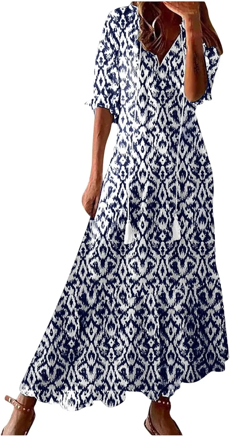 Women's Fashion Boho Summer Long Dress, 2025 Short Sleeve V Neck Tassel Flowy Casual Dresses Beach A-Line Sundress