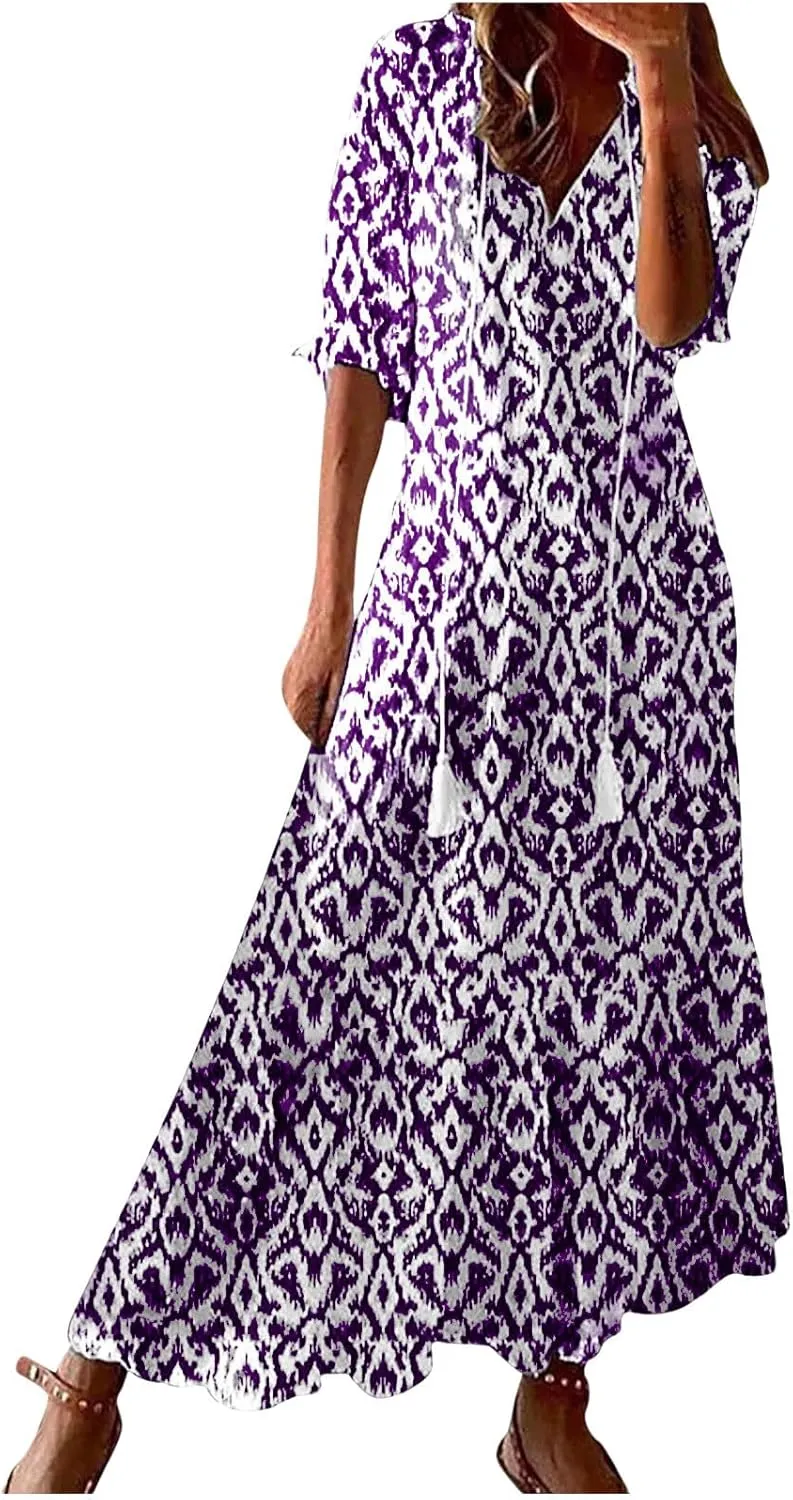 Women's Fashion Boho Summer Long Dress, 2025 Short Sleeve V Neck Tassel Flowy Casual Dresses Beach A-Line Sundress