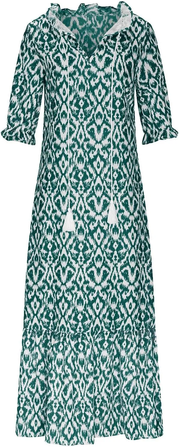 Women's Fashion Boho Summer Long Dress, 2025 Short Sleeve V Neck Tassel Flowy Casual Dresses Beach A-Line Sundress