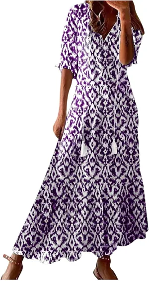 Women's Fashion Boho Summer Long Dress, 2025 Short Sleeve V Neck Tassel Flowy Casual Dresses Beach A-Line Sundress