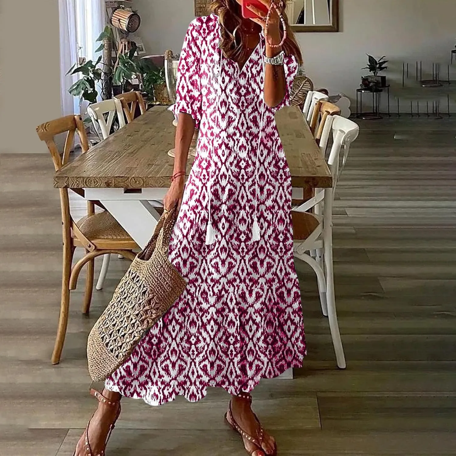 Women's Fashion Boho Summer Long Dress, 2025 Short Sleeve V Neck Tassel Flowy Casual Dresses Beach A-Line Sundress