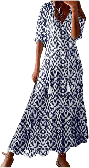 Women's Fashion Boho Summer Long Dress, 2025 Short Sleeve V Neck Tassel Flowy Casual Dresses Beach A-Line Sundress