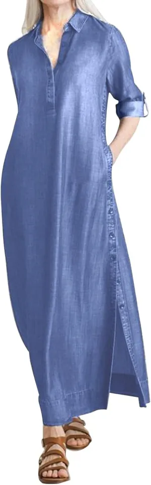Women's Fashion Denim Dress New Shirt Collar Denim Button Long Skirt Outfits