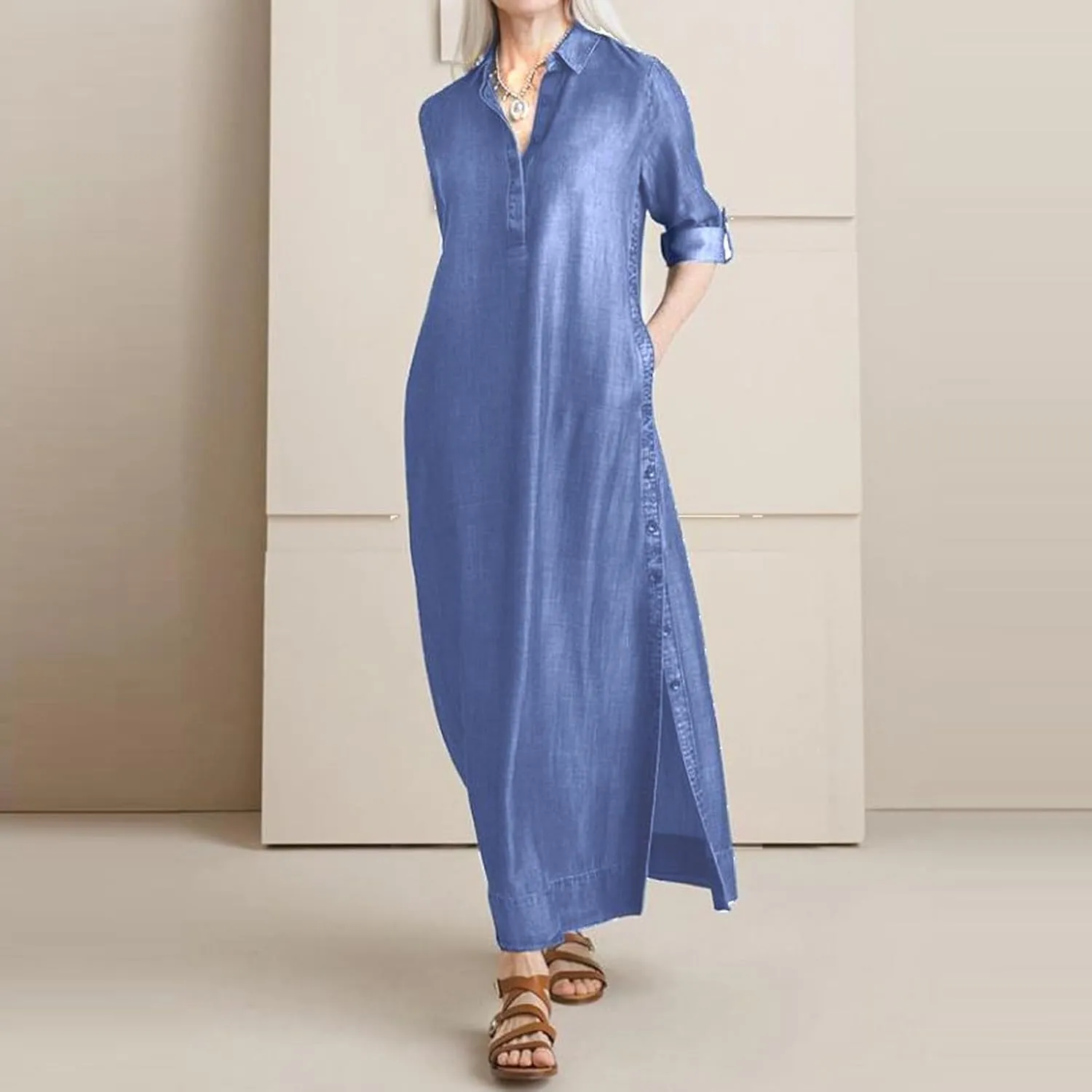 Women's Fashion Denim Dress New Shirt Collar Denim Button Long Skirt Outfits