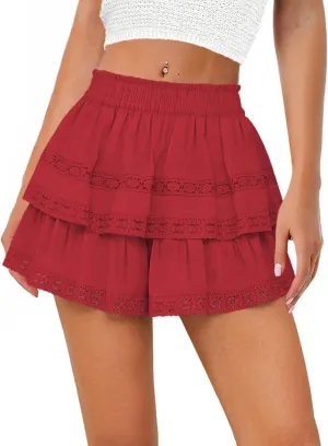 Women's Flowy Summer Shorts for Women Lace Layered Ruffle Pleated High Waist Mini Skirts Casual Swing Beach Skorts