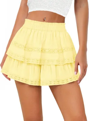 Women's Flowy Summer Shorts for Women Lace Layered Ruffle Pleated High Waist Mini Skirts Casual Swing Beach Skorts