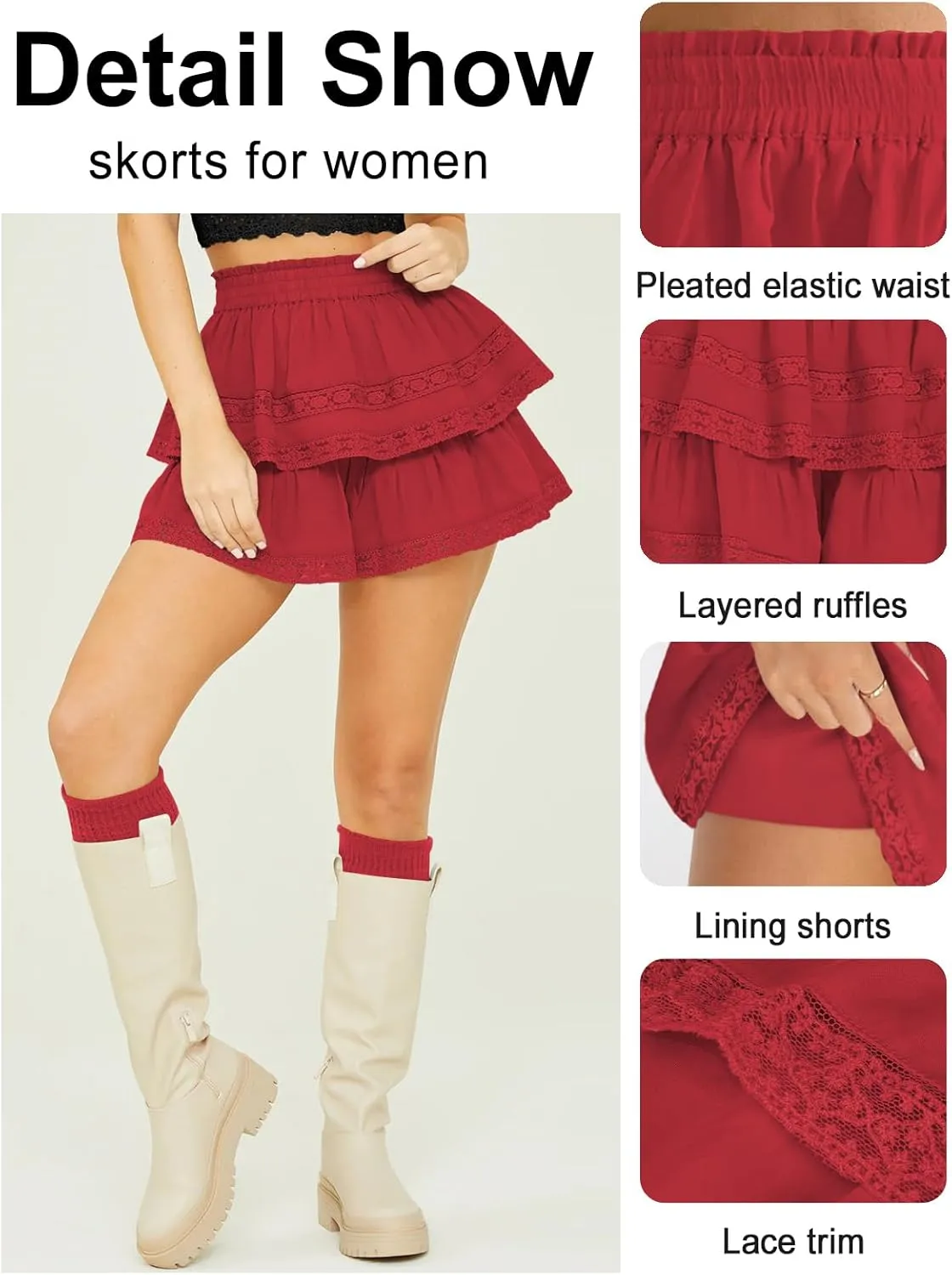 Women's Flowy Summer Shorts for Women Lace Layered Ruffle Pleated High Waist Mini Skirts Casual Swing Beach Skorts