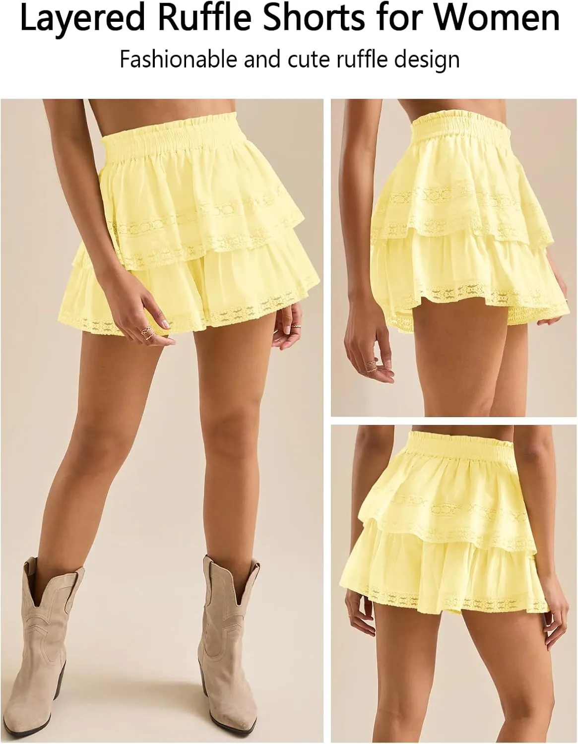 Women's Flowy Summer Shorts for Women Lace Layered Ruffle Pleated High Waist Mini Skirts Casual Swing Beach Skorts