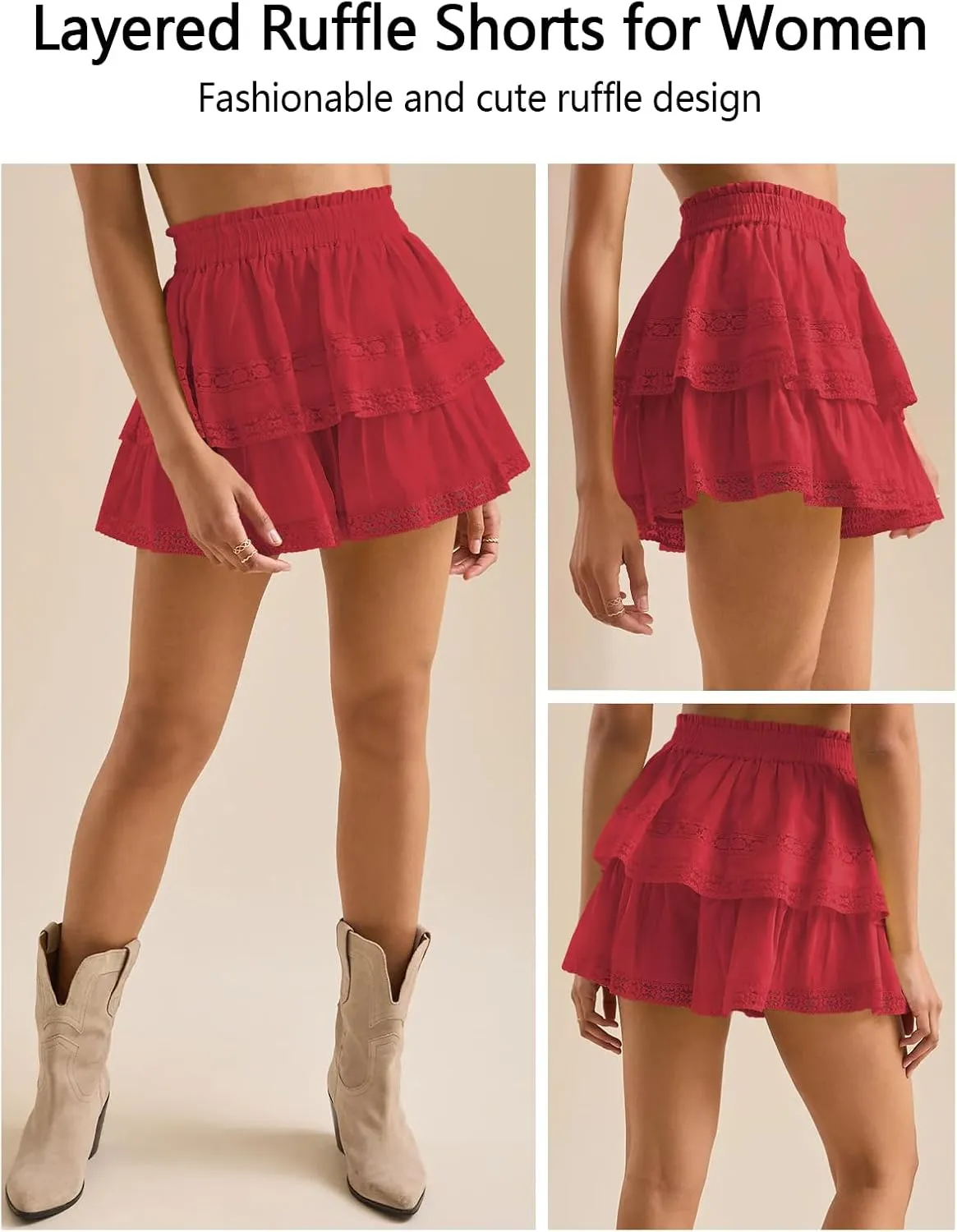 Women's Flowy Summer Shorts for Women Lace Layered Ruffle Pleated High Waist Mini Skirts Casual Swing Beach Skorts