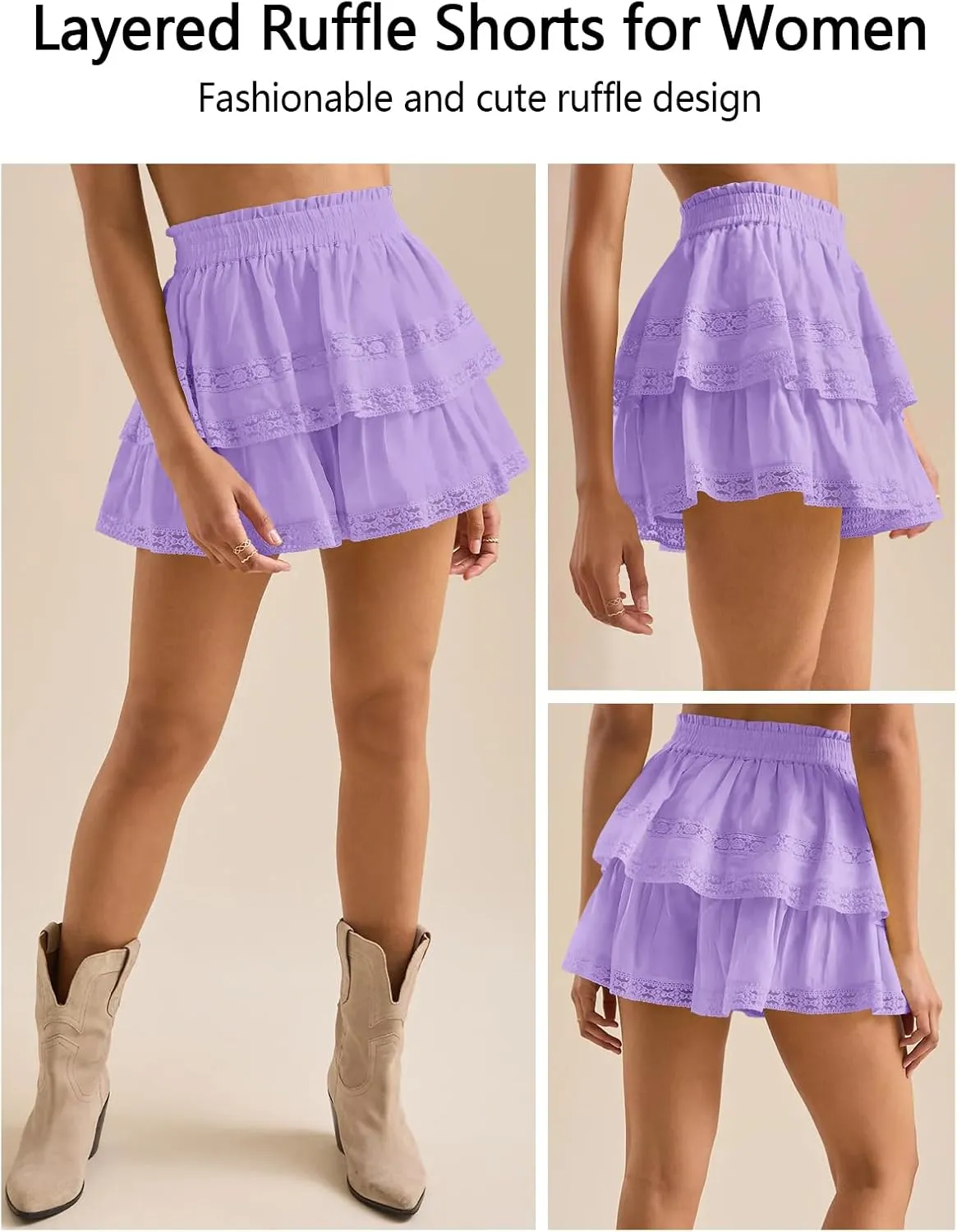 Women's Flowy Summer Shorts for Women Lace Layered Ruffle Pleated High Waist Mini Skirts Casual Swing Beach Skorts