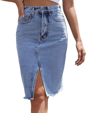 Women's High Waist Denim Skirt Knee Length Button Down Midi Skirt Solid Color Slit Slim Fit Hip Wrap Skirt (Blue, L)