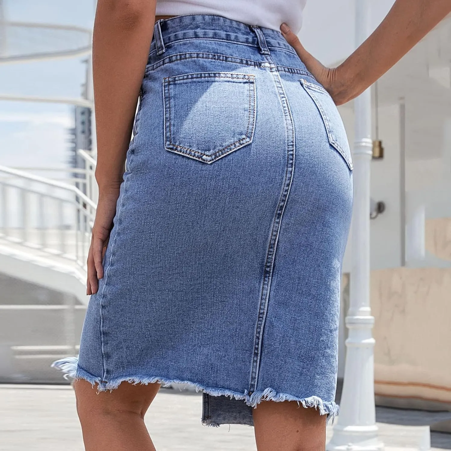 Women's High Waist Denim Skirt Knee Length Button Down Midi Skirt Solid Color Slit Slim Fit Hip Wrap Skirt (Blue, L)