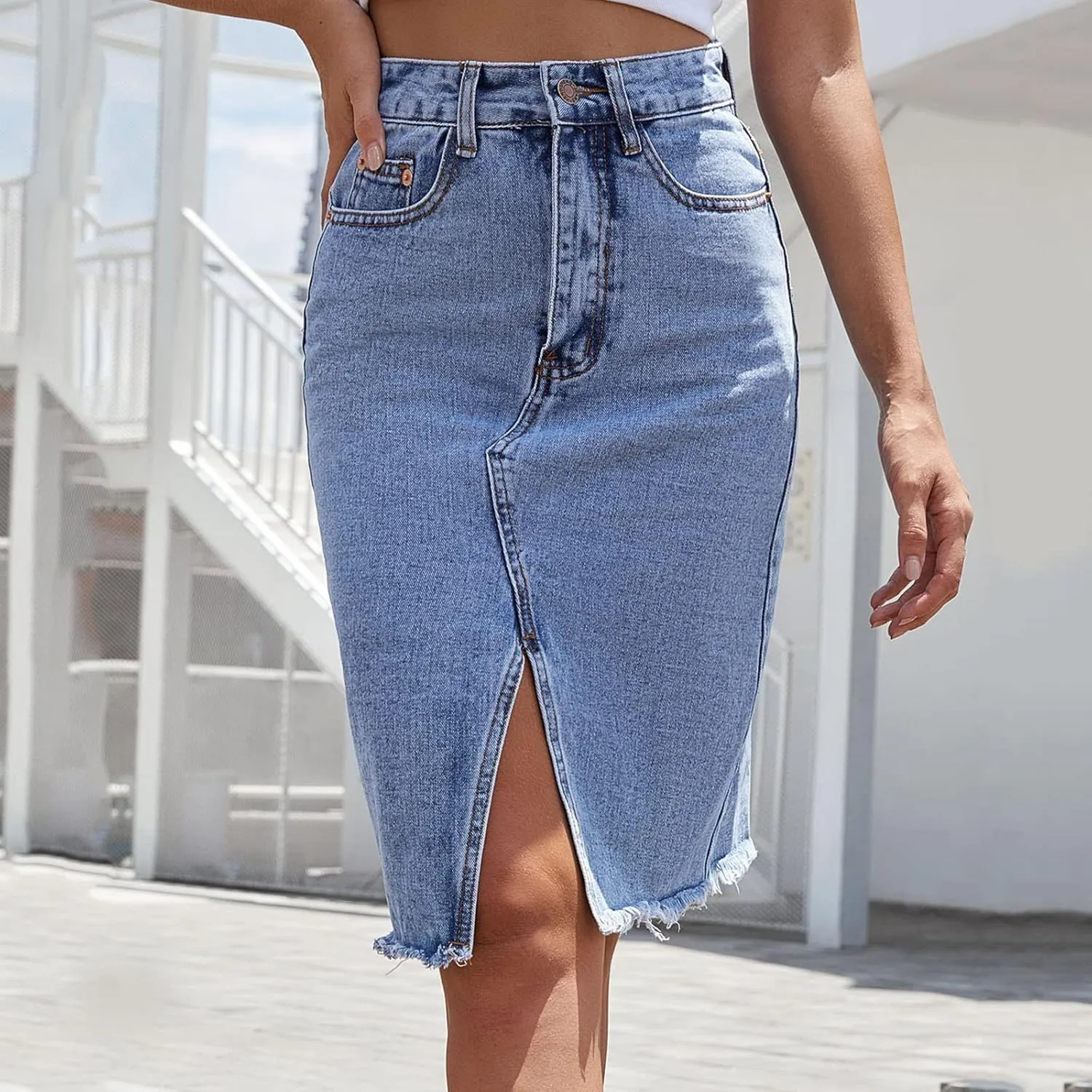 Women's High Waist Denim Skirt Knee Length Button Down Midi Skirt Solid Color Slit Slim Fit Hip Wrap Skirt (Blue, L)