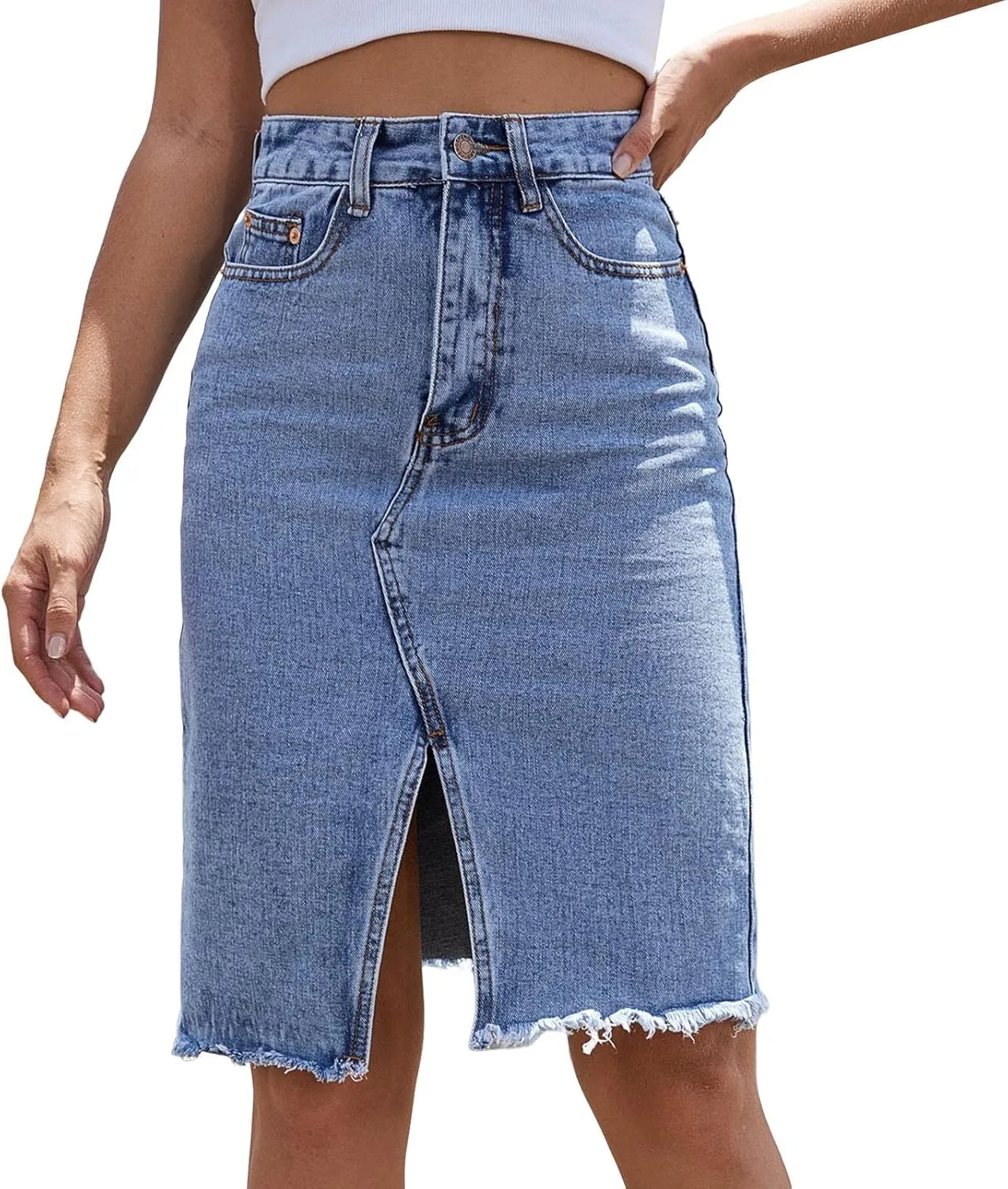 Women's High Waist Denim Skirt Knee Length Button Down Midi Skirt Solid Color Slit Slim Fit Hip Wrap Skirt (Blue, L)