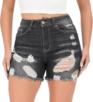 Women's High Waisted Denim Shorts Casual Ripped Summer Hot Short Jeans Frayed Distressed Slim Fit Jeans Shorts with Pockets