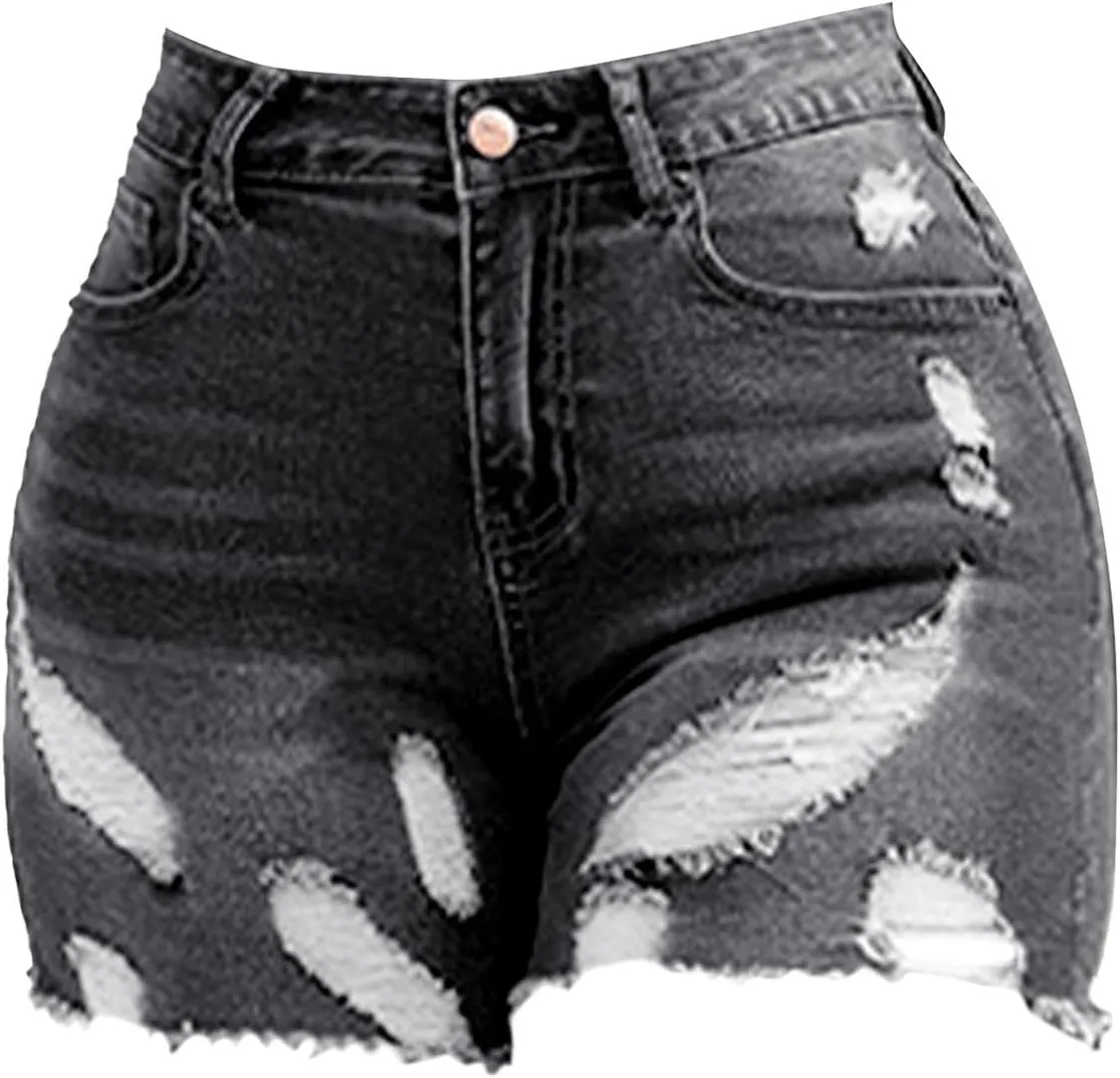 Women's High Waisted Denim Shorts Casual Ripped Summer Hot Short Jeans Frayed Distressed Slim Fit Jeans Shorts with Pockets