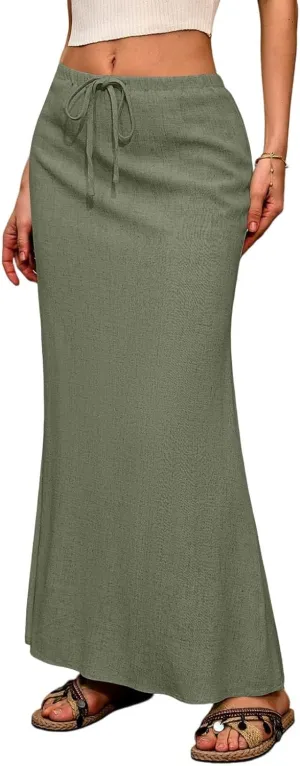 Womens Linen Skirt Maxi Summer Work Skirt Drawstring Elastic High Waisted A Line Skirts Long with Slit (S-2Xl)