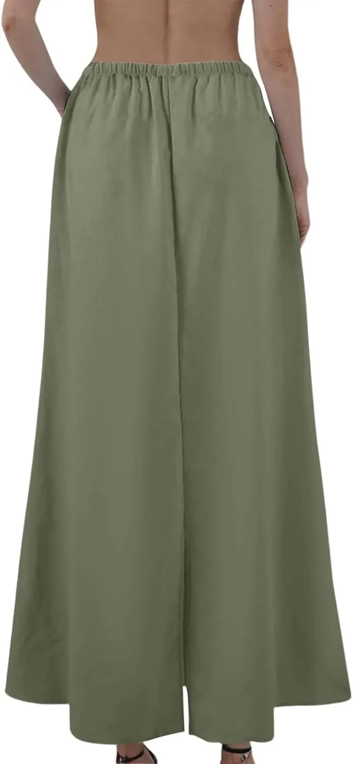Womens Linen Skirt Maxi Summer Work Skirt Drawstring Elastic High Waisted A Line Skirts Long with Slit (S-2Xl)
