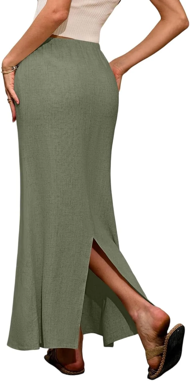 Womens Linen Skirt Maxi Summer Work Skirt Drawstring Elastic High Waisted A Line Skirts Long with Slit (S-2Xl)
