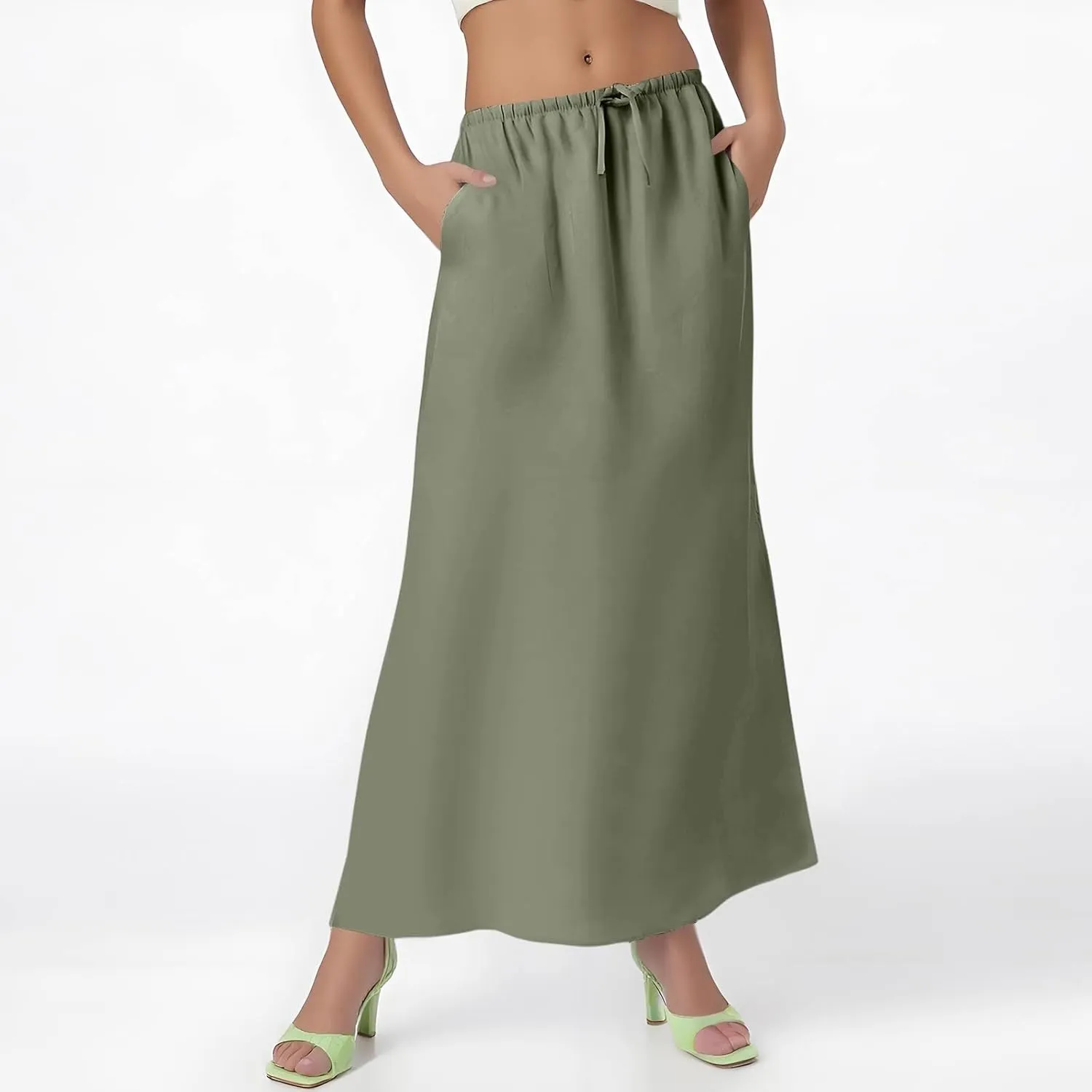 Womens Linen Skirt Maxi Summer Work Skirt Drawstring Elastic High Waisted A Line Skirts Long with Slit (S-2Xl)