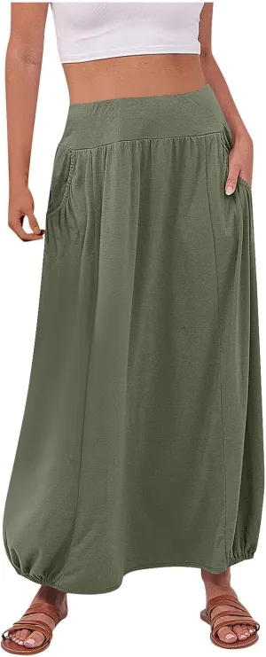 Women's Maxi Boho Skirts High Waisted Baggy Summer Skirts with Pockets Comfy Flowy Beach Skirts A Line Long Skirts