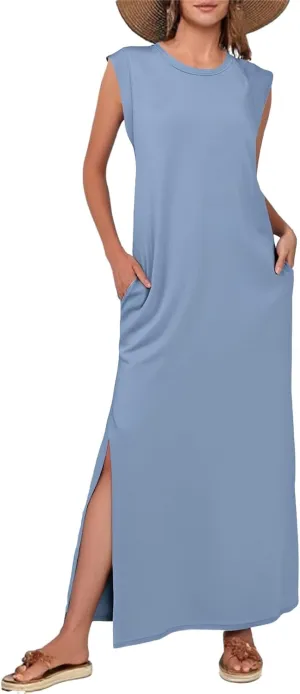 Womens Maxi Dress Summer Casual Sleeveless Sundress Crew Neck Long Dresses Split Wrinkle-Free Dresses with Pockets