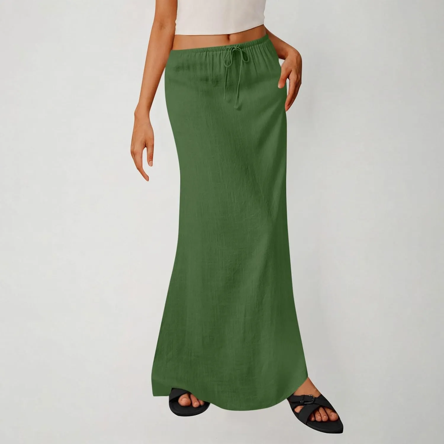 Womens Maxi Skirt Casual Flowy Drawstring High Waist Flowy Long Skirts Summer Beach Vacation Outfits Clothes