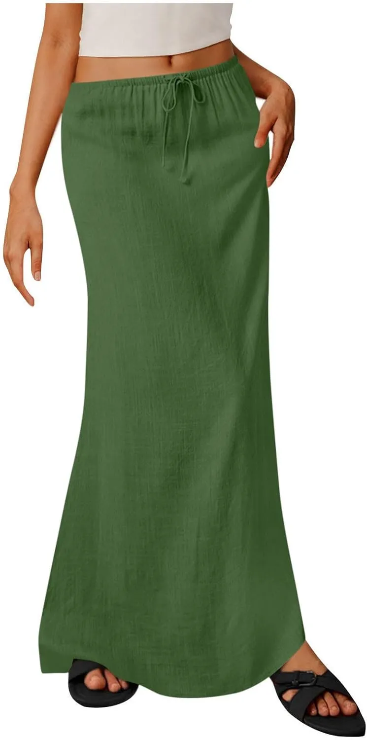 Womens Maxi Skirt Casual Flowy Drawstring High Waist Flowy Long Skirts Summer Beach Vacation Outfits Clothes
