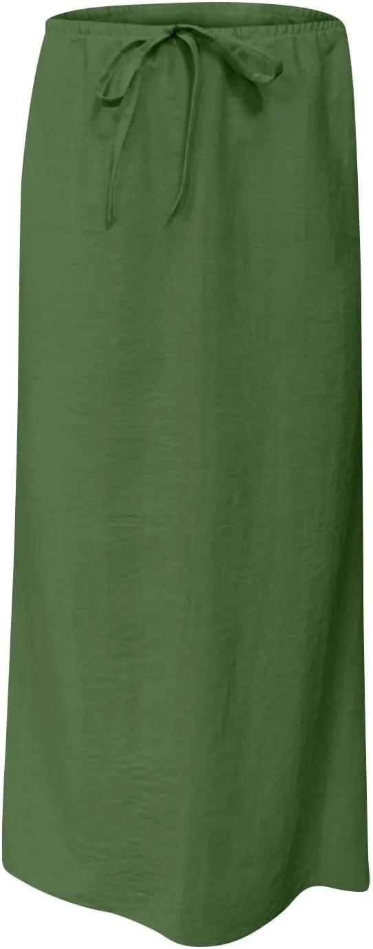 Womens Maxi Skirt Casual Flowy Drawstring High Waist Flowy Long Skirts Summer Beach Vacation Outfits Clothes