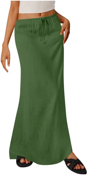 Womens Maxi Skirt Casual Flowy Drawstring High Waist Flowy Long Skirts Summer Beach Vacation Outfits Clothes