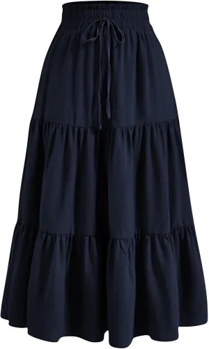 Womens Midi Skirts Elastic High Waist A-Line Swing Skirts Long Ruffle Tiered Hem Maxi Skirt