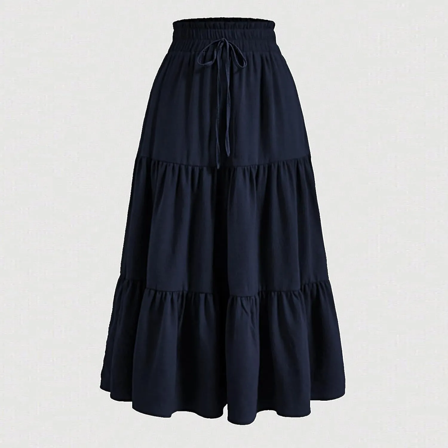 Womens Midi Skirts Elastic High Waist A-Line Swing Skirts Long Ruffle Tiered Hem Maxi Skirt