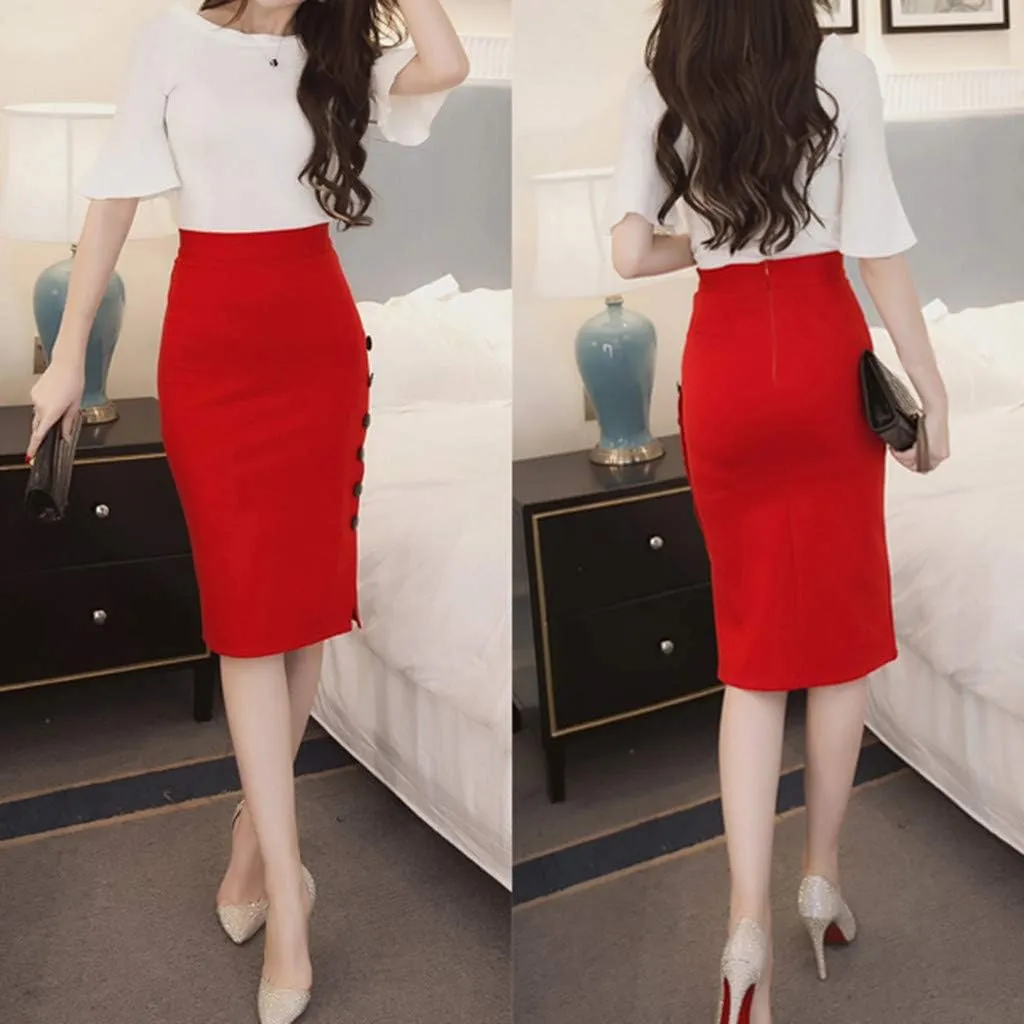 Women's Office Work Pencil Skirt Stretch High Waist Bodycon Skirts Side Split Button Business Casual Skirts