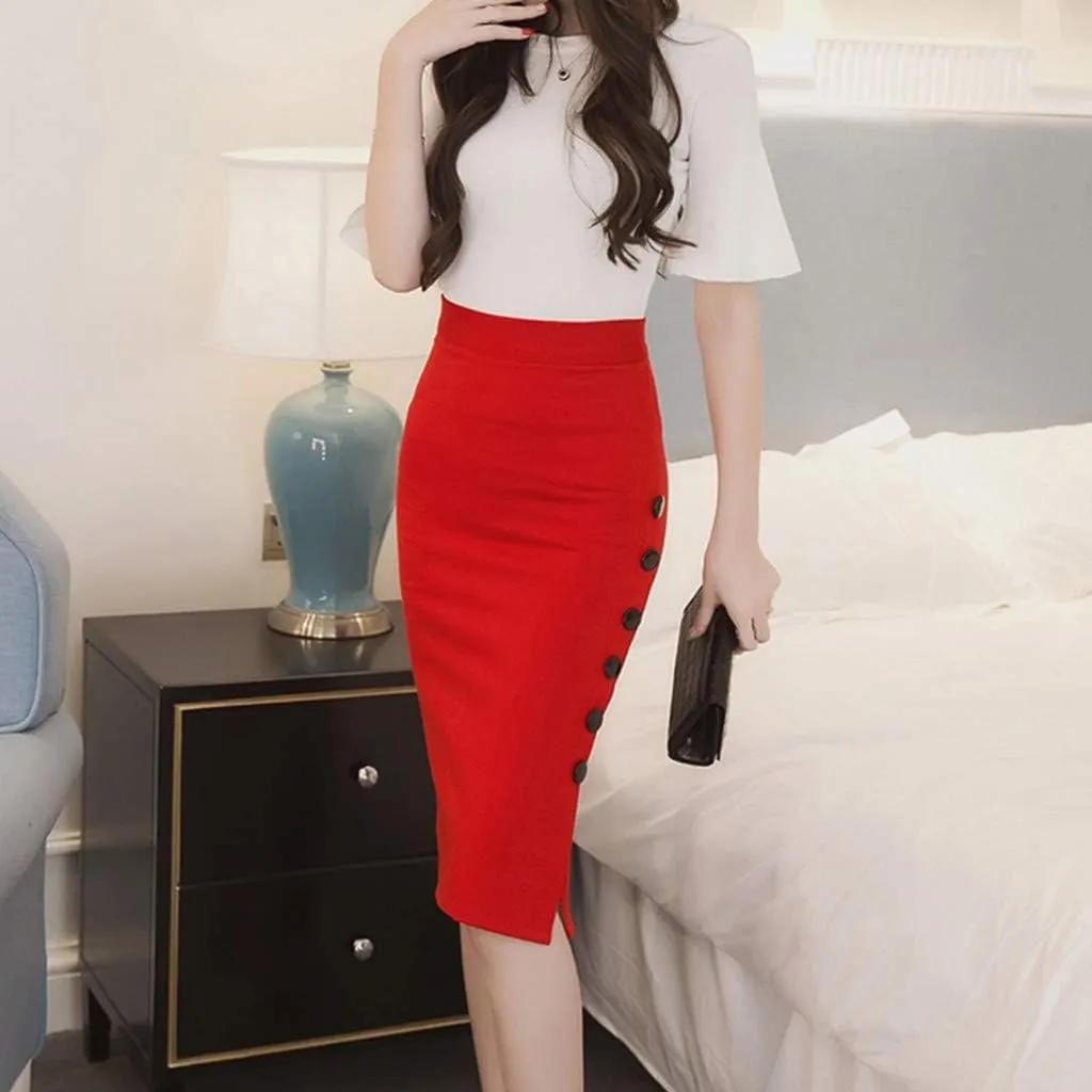 Women's Office Work Pencil Skirt Stretch High Waist Bodycon Skirts Side Split Button Business Casual Skirts