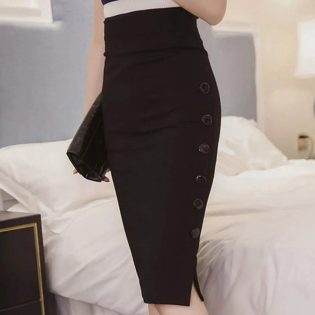 Women's Office Work Pencil Skirt Stretch High Waist Bodycon Skirts Side Split Button Business Casual Skirts