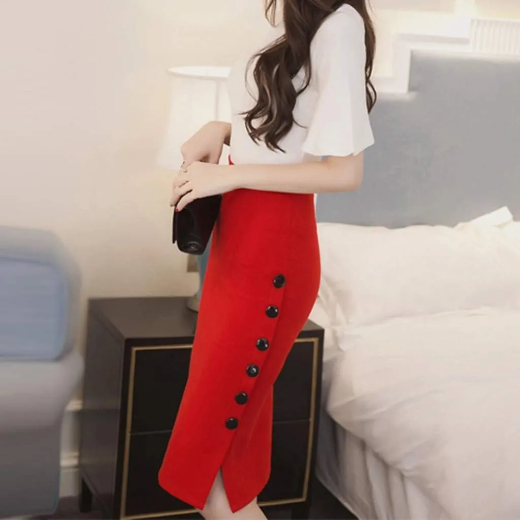 Women's Office Work Pencil Skirt Stretch High Waist Bodycon Skirts Side Split Button Business Casual Skirts