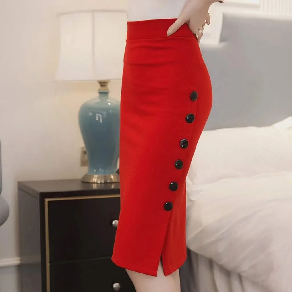 Women's Office Work Pencil Skirt Stretch High Waist Bodycon Skirts Side Split Button Business Casual Skirts