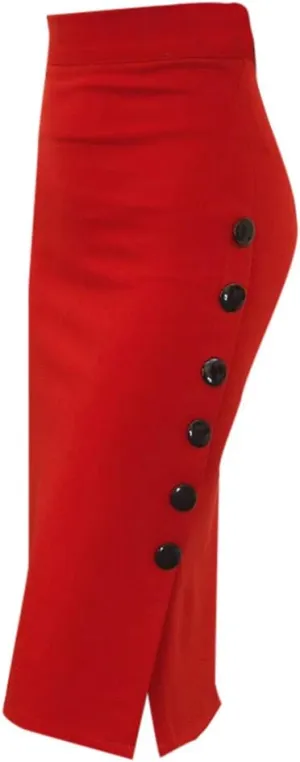 Women's Office Work Pencil Skirt Stretch High Waist Bodycon Skirts Side Split Button Business Casual Skirts