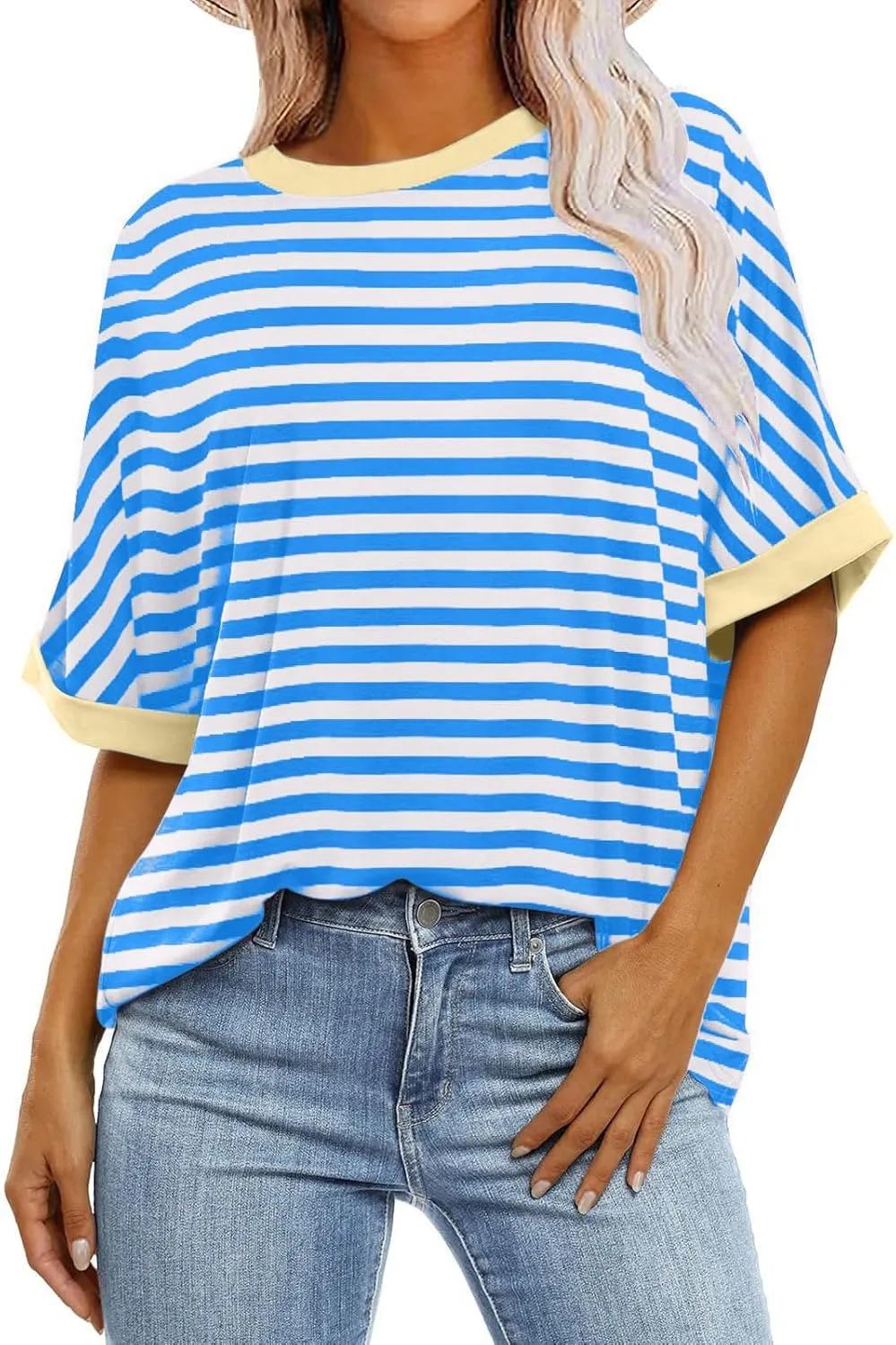 Women's Oversized T Shirts 2024 Stripe Printed Crewneck Tops Short Sleeve Loose Basic Tee Trendy Summer Clothing