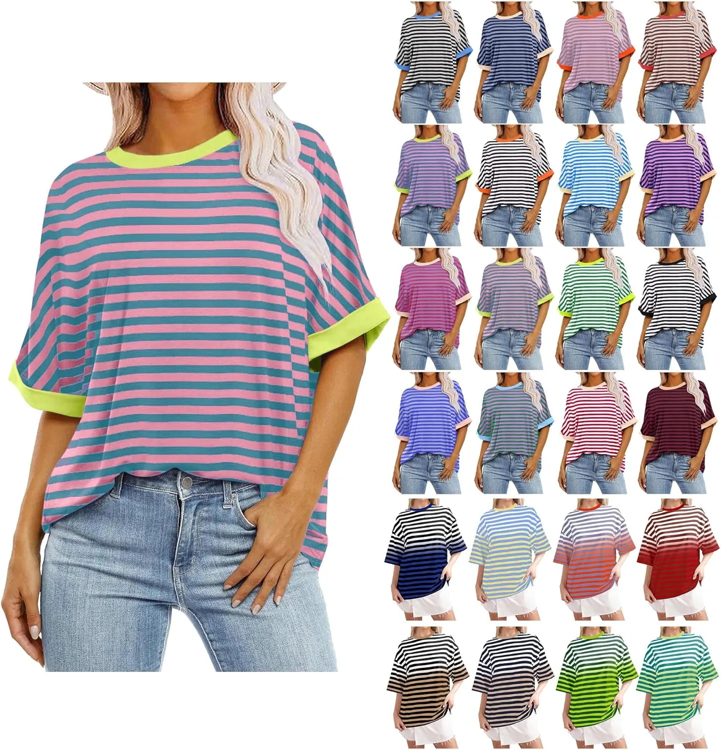 Women's Oversized T Shirts 2024 Stripe Printed Crewneck Tops Short Sleeve Loose Basic Tee Trendy Summer Clothing