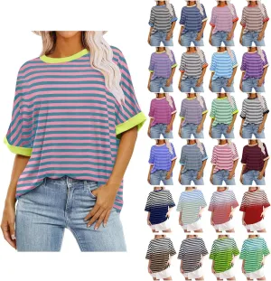 Women's Oversized T Shirts 2024 Stripe Printed Crewneck Tops Short Sleeve Loose Basic Tee Trendy Summer Clothing