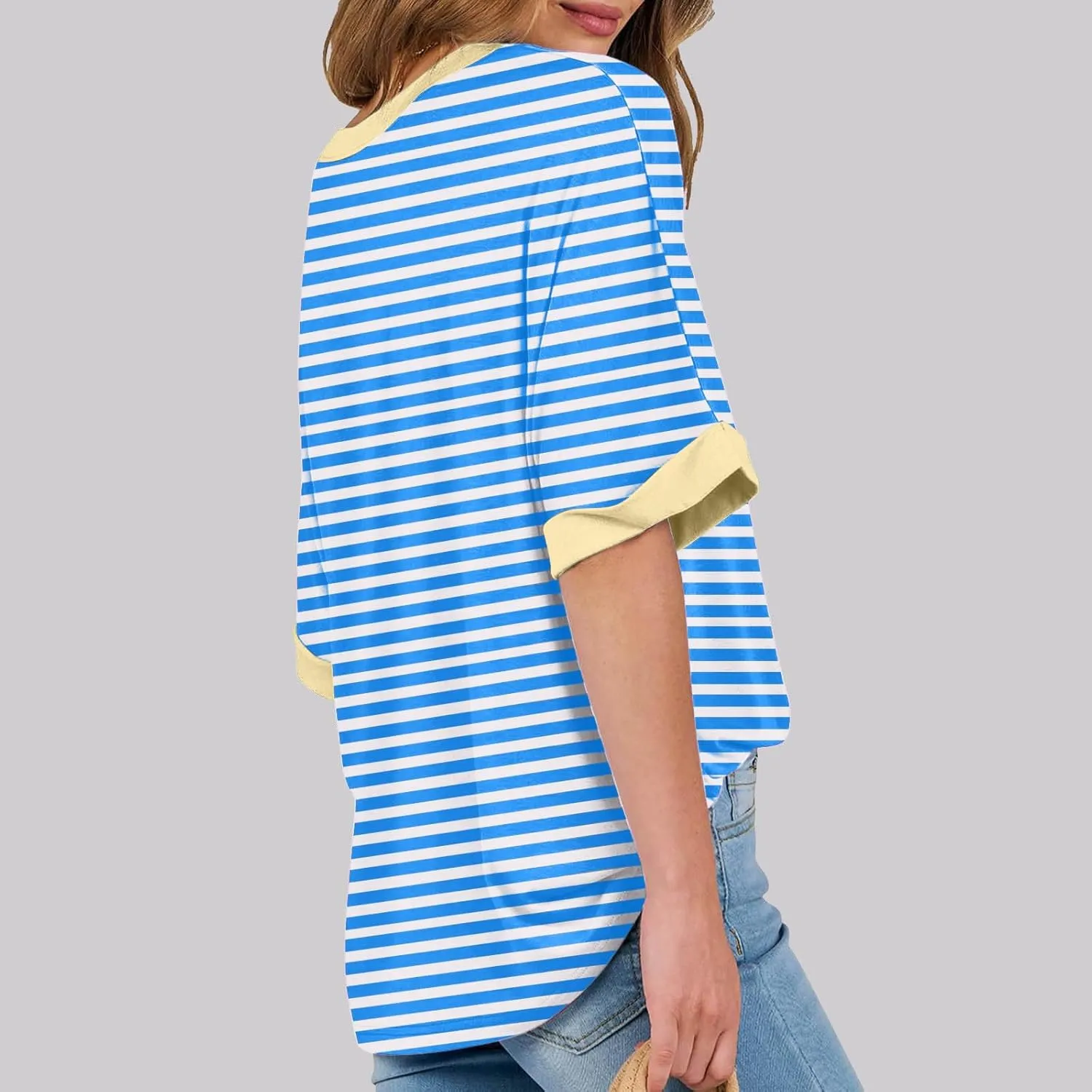Women's Oversized T Shirts 2024 Stripe Printed Crewneck Tops Short Sleeve Loose Basic Tee Trendy Summer Clothing