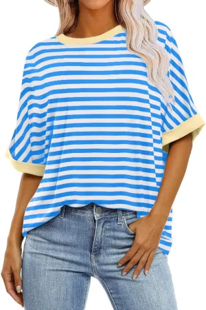 Women's Oversized T Shirts 2024 Stripe Printed Crewneck Tops Short Sleeve Loose Basic Tee Trendy Summer Clothing