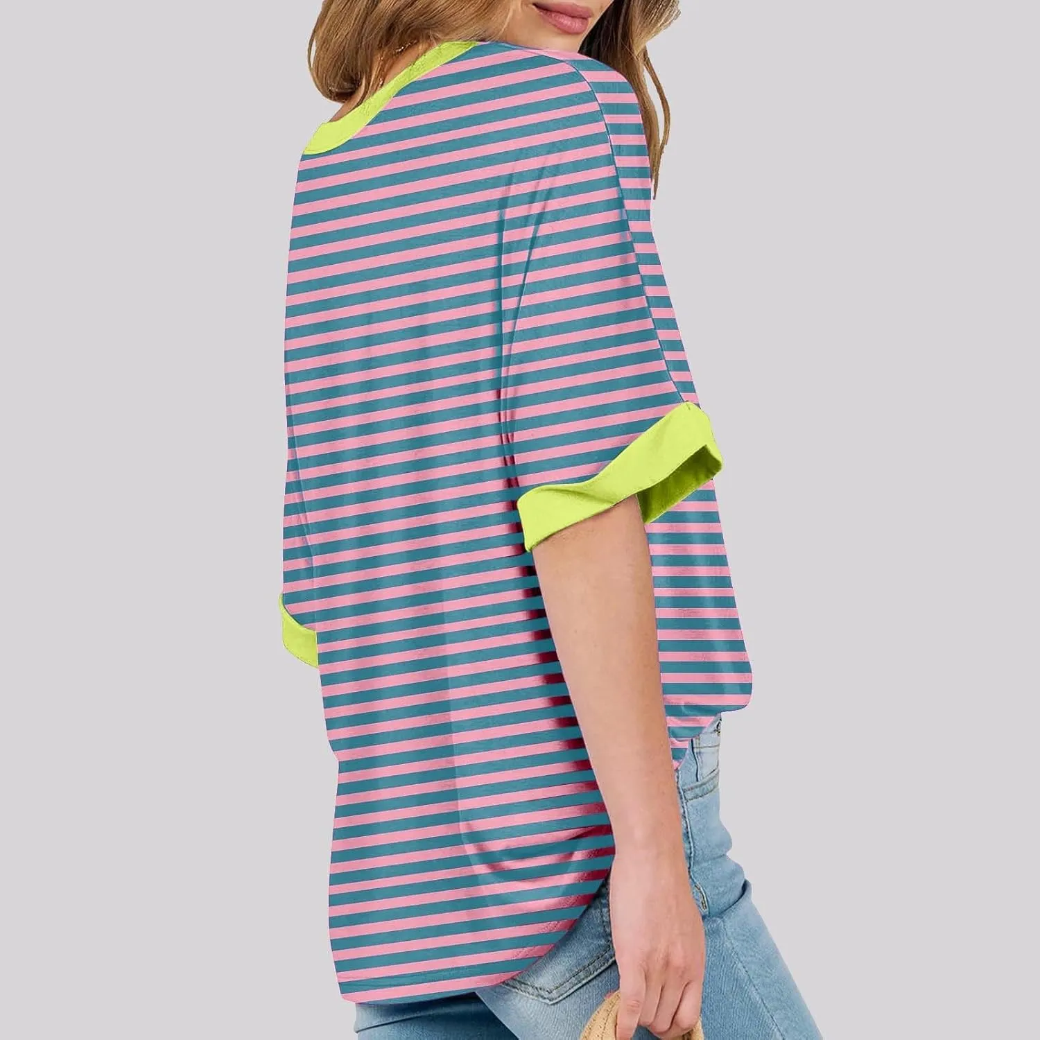 Women's Oversized T Shirts 2024 Stripe Printed Crewneck Tops Short Sleeve Loose Basic Tee Trendy Summer Clothing