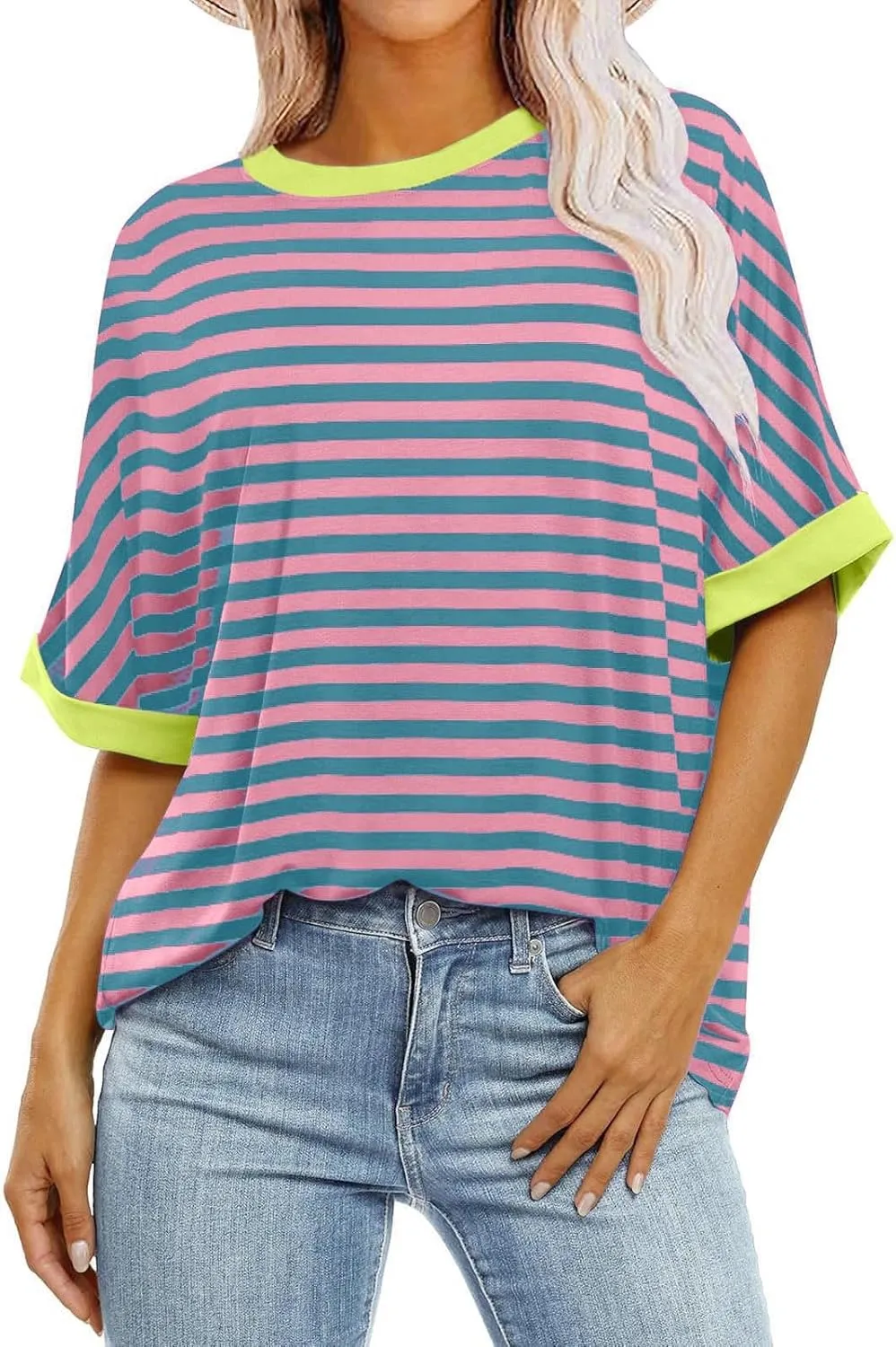 Women's Oversized T Shirts 2024 Stripe Printed Crewneck Tops Short Sleeve Loose Basic Tee Trendy Summer Clothing