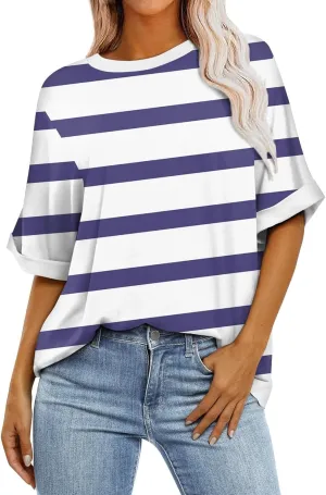 Women's Oversized T Shirts 2024 Stripe Printed Crewneck Tops Short Sleeve Loose Basic Tee Trendy Summer Clothing