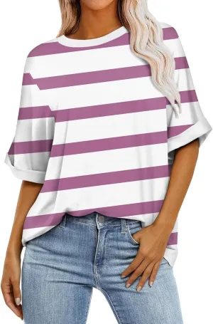 Women's Oversized T Shirts 2024 Stripe Printed Crewneck Tops Short Sleeve Loose Basic Tee Trendy Summer Clothing
