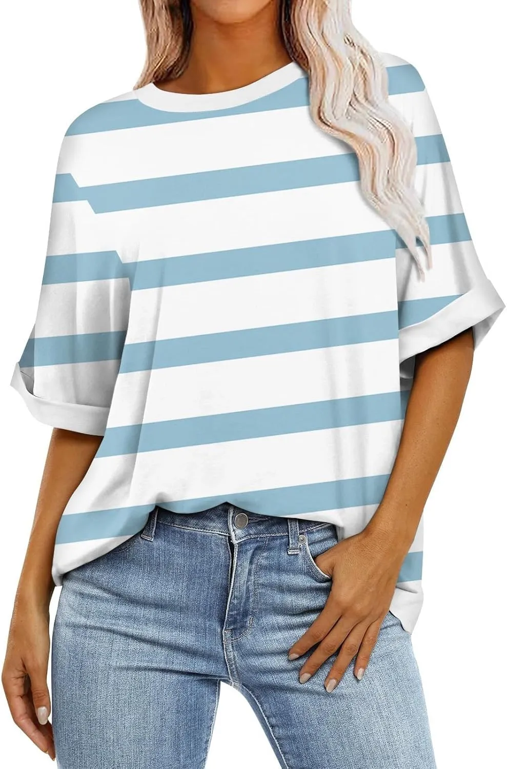Women's Oversized T Shirts 2024 Stripe Printed Crewneck Tops Short Sleeve Loose Basic Tee Trendy Summer Clothing