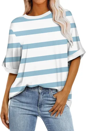 Women's Oversized T Shirts 2024 Stripe Printed Crewneck Tops Short Sleeve Loose Basic Tee Trendy Summer Clothing
